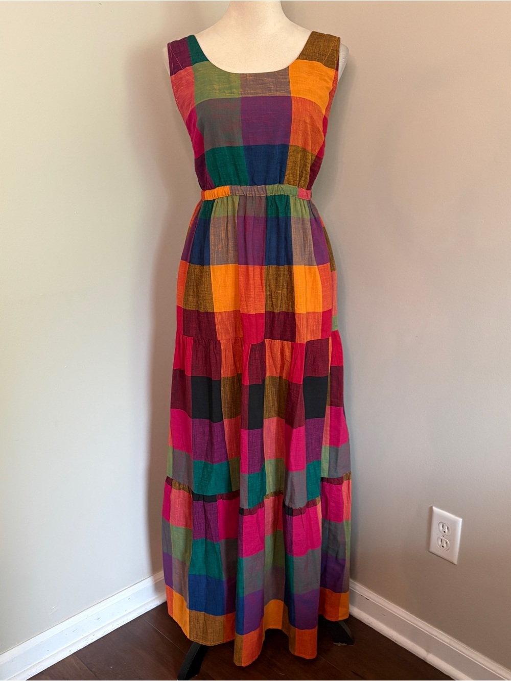 Rujuta Sheth Gema Tiered Maxi Multi-Chex Multicolor Plaid Tie Back Boho Small - Picture 3 of 10